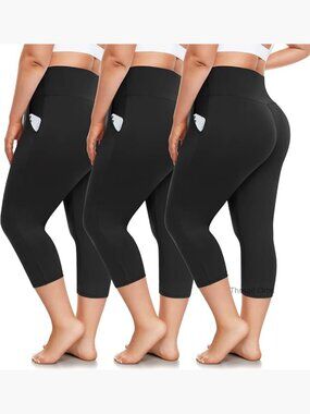 3 Pack Plus Size Capri Leggings with Pockets High Waist Yoga Pants